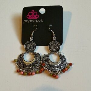 paparazzi Silver Filigree Crescent Earrings with Pink, Orange & Olive Beads NWT
